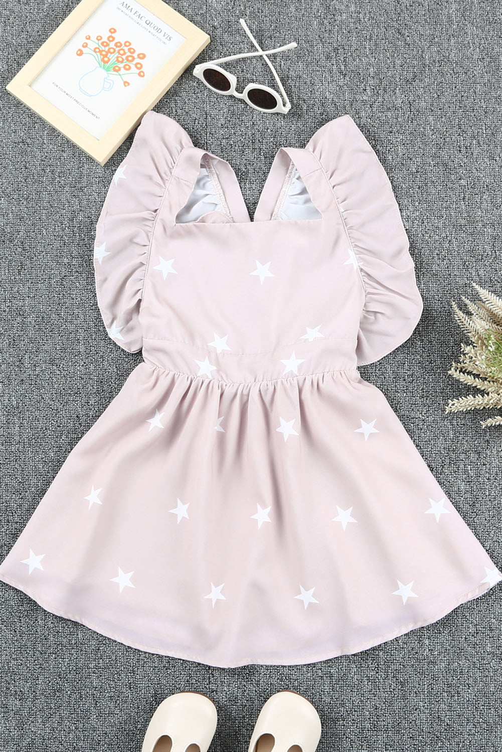 Girls Star Print Crisscross Flutter Sleeve Dress