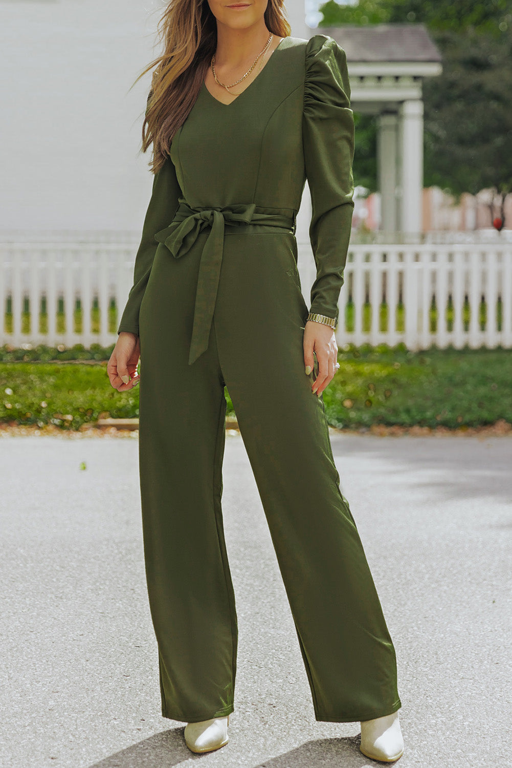 Belted Long Puff Sleeve V-Neck Jumpsuit