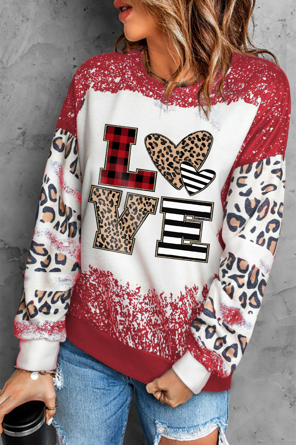 Merry Christmas Multi Tree Print Leopard Sleeve Sweatshirt