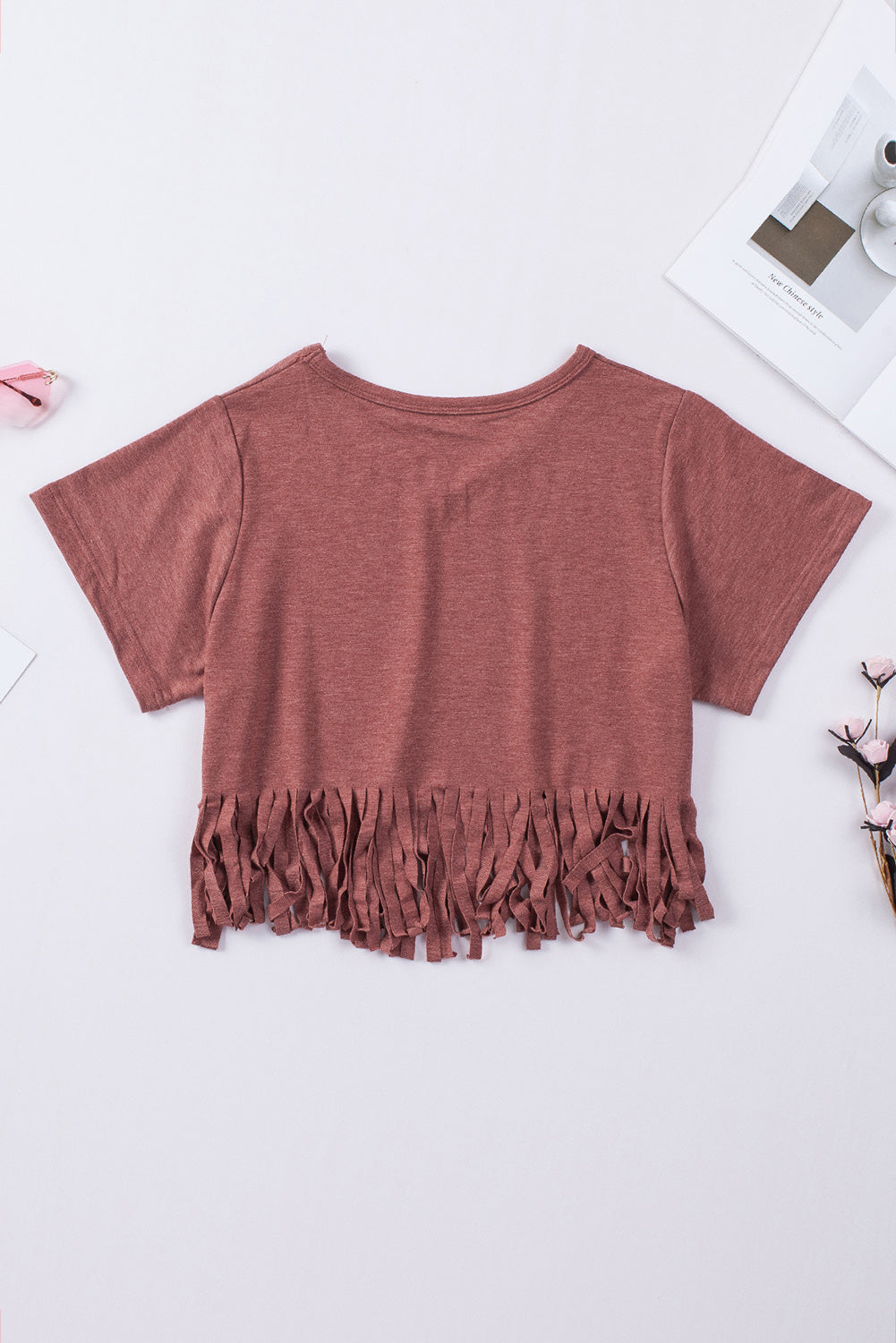 Fringe Hem V Neck T Shirt