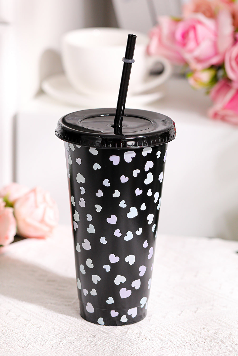 5pcs/pack Valentine Heart Print Plastic Straw Cup