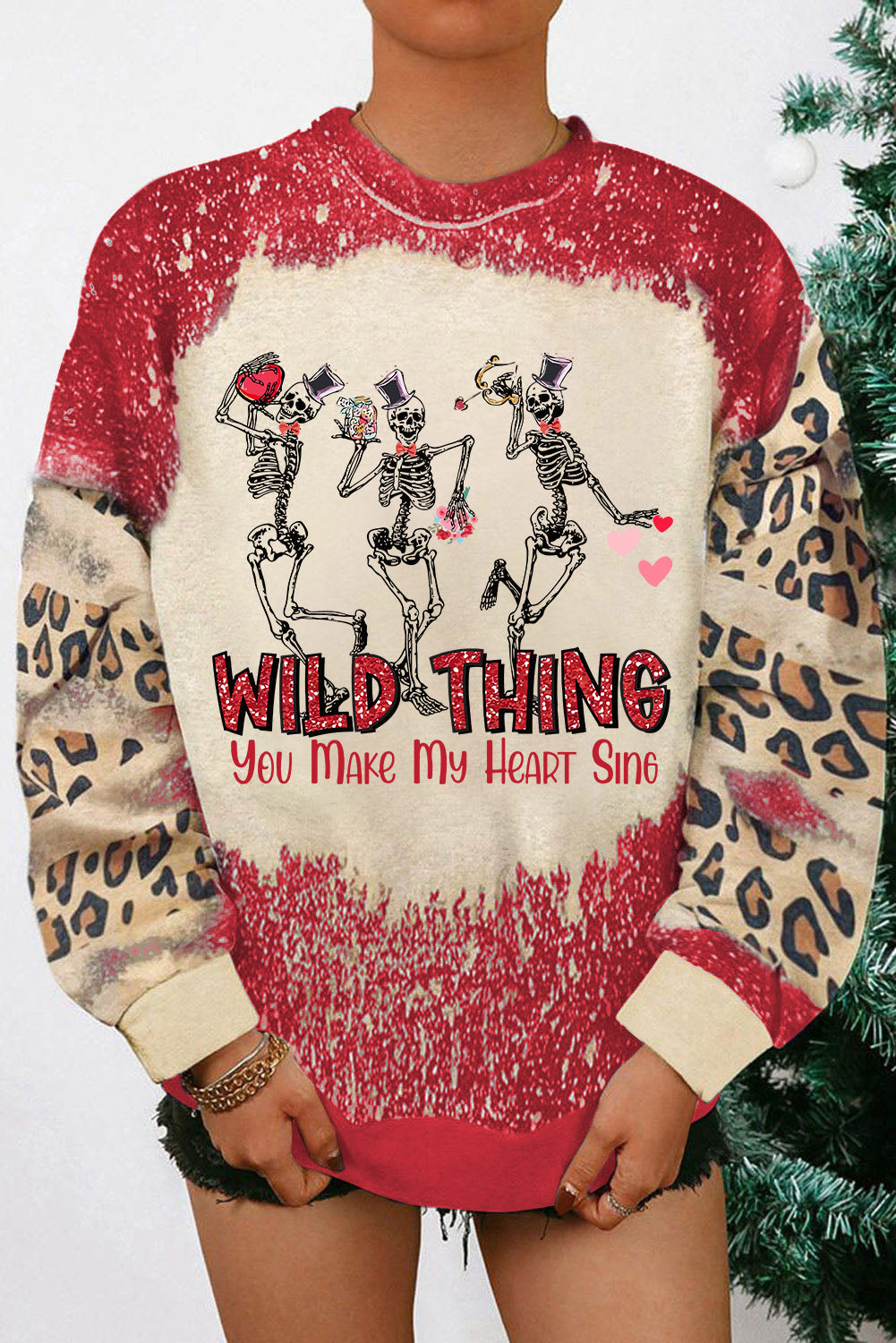 Merry Christmas Multi Tree Print Leopard Sleeve Sweatshirt