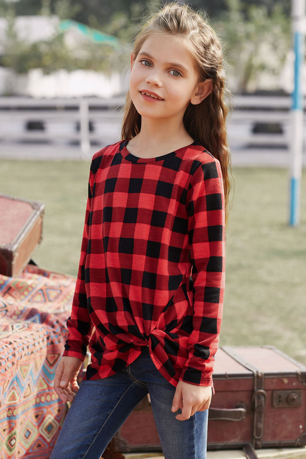 Girls Plaid Twist Front Tunic Top