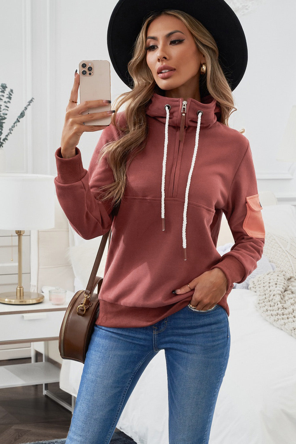 Half Zip Patch Pocket Drawstring Hoodie