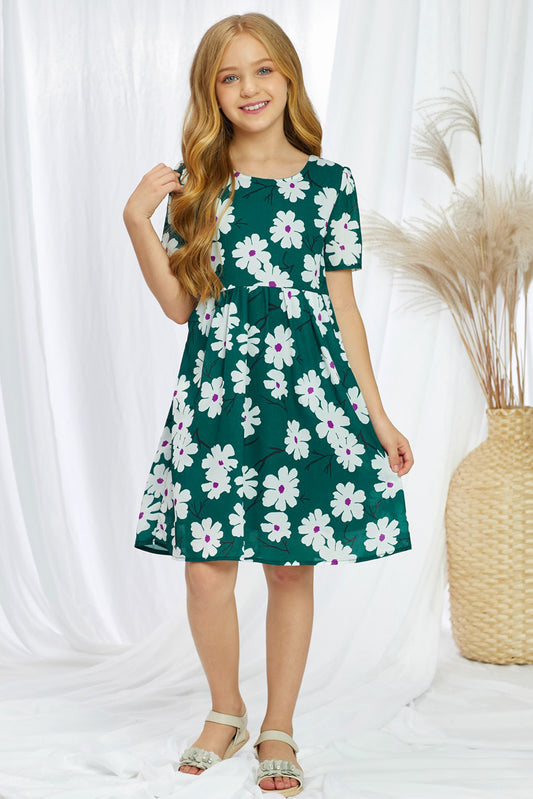 Girls Floral Short Puff Sleeve Dress