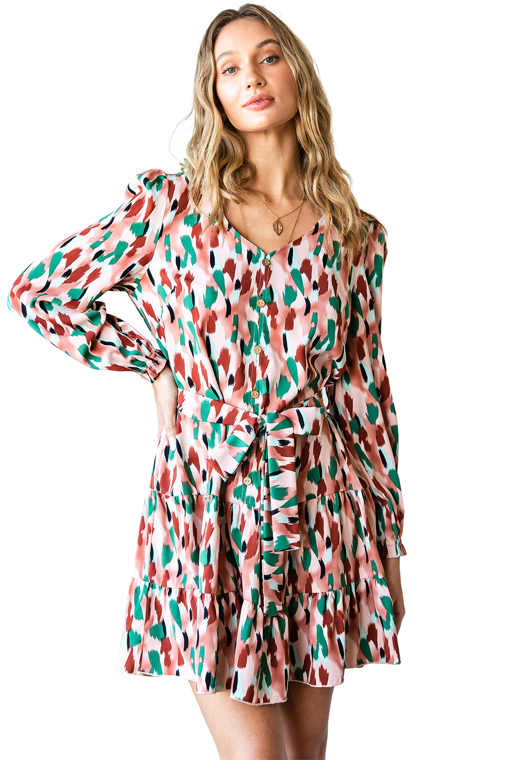 Multicolor Fun Camo Print Tie Waist Flared Tiered Dress