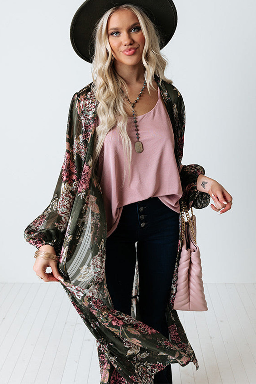 Floral Draped Open Front Duster Cardigan