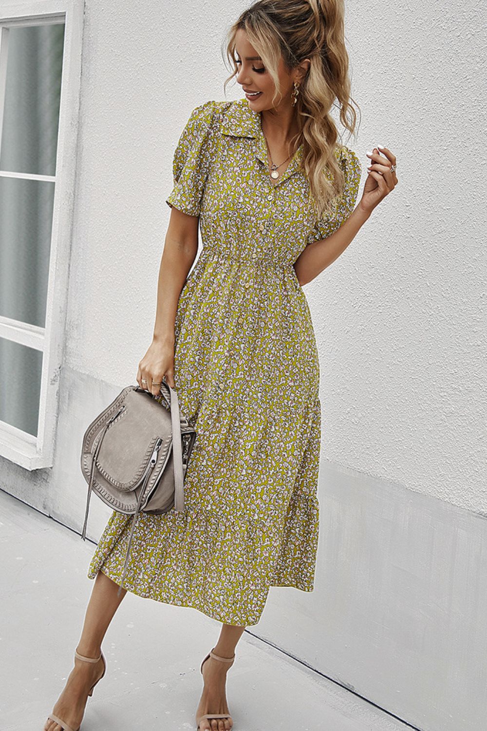 Printed Button Front Short Puff Sleeve Midi Dress