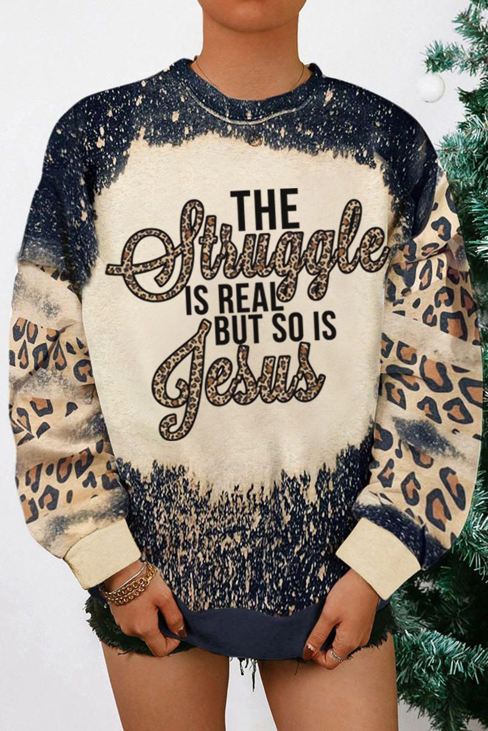 Merry Christmas Multi Tree Print Leopard Sleeve Sweatshirt