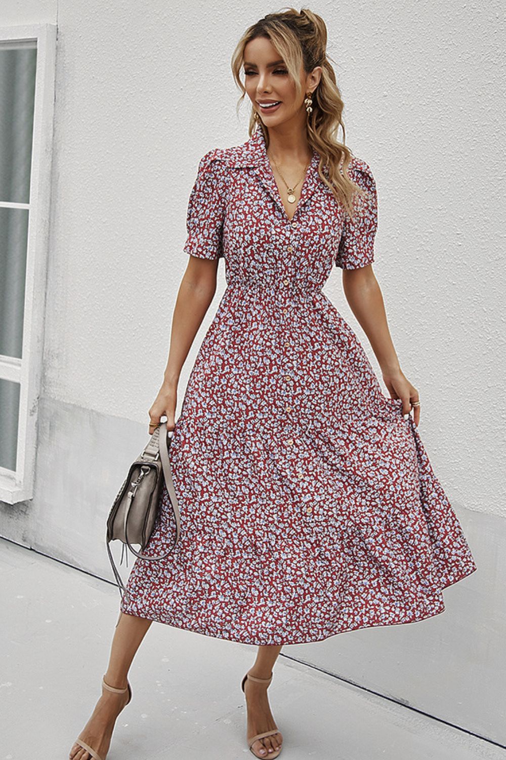 Printed Button Front Short Puff Sleeve Midi Dress